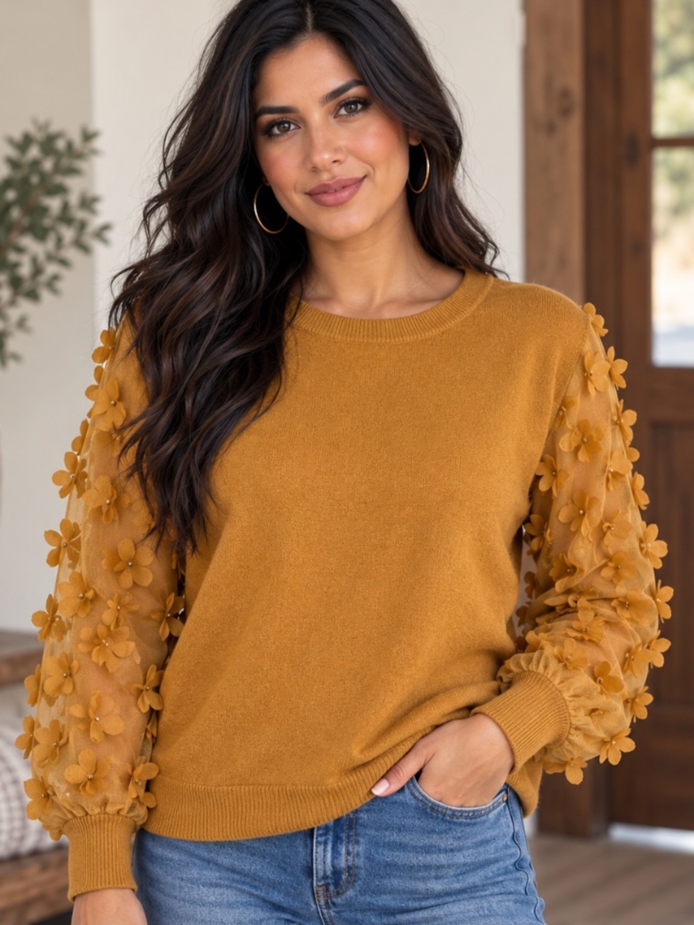 Sioni Milano 3D floral mesh sleeve sweater